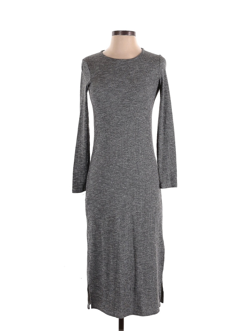Mango Grey Long Sleeve Ribbed Midi Dress
